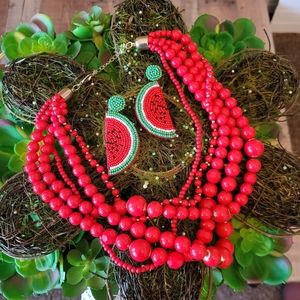 Red beaded choker with watermelon earrings set!